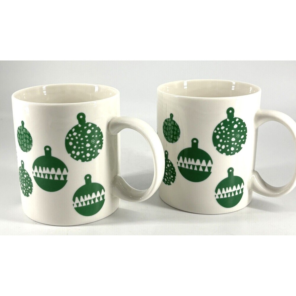 Set of 2_STARBUCKS White Green 12oz CHRISTMAS Holiday Ornaments COFFEE Mug 2016
